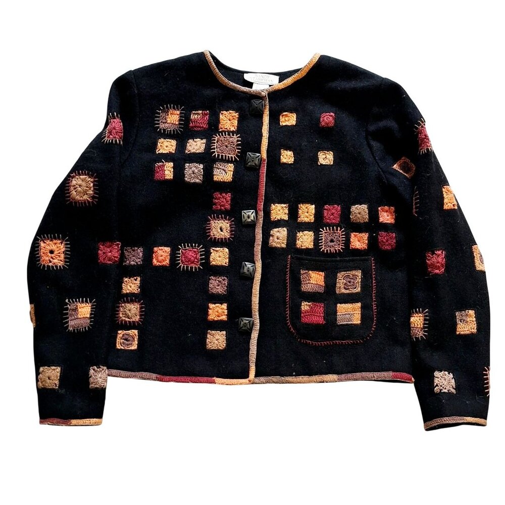 Vintage Artisan Sandy Starkman Wool Blend Mosaic Embroidered Jacket Art Deco